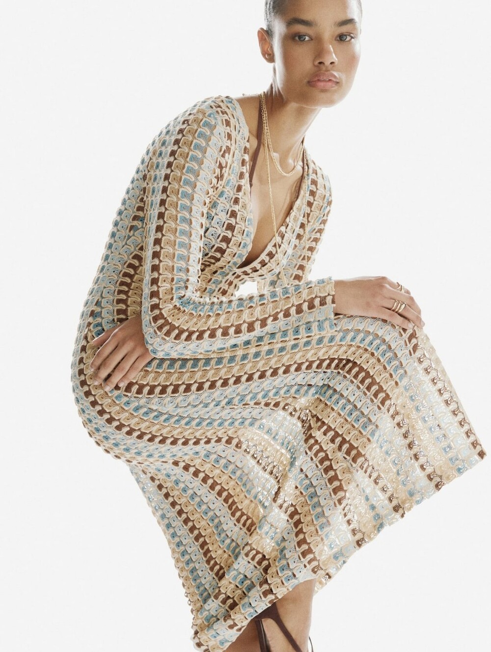 H&M Crochet-Look Maxi Dress Light beige/patterned Bnwt Unlined See-through - Picture 3 of 16